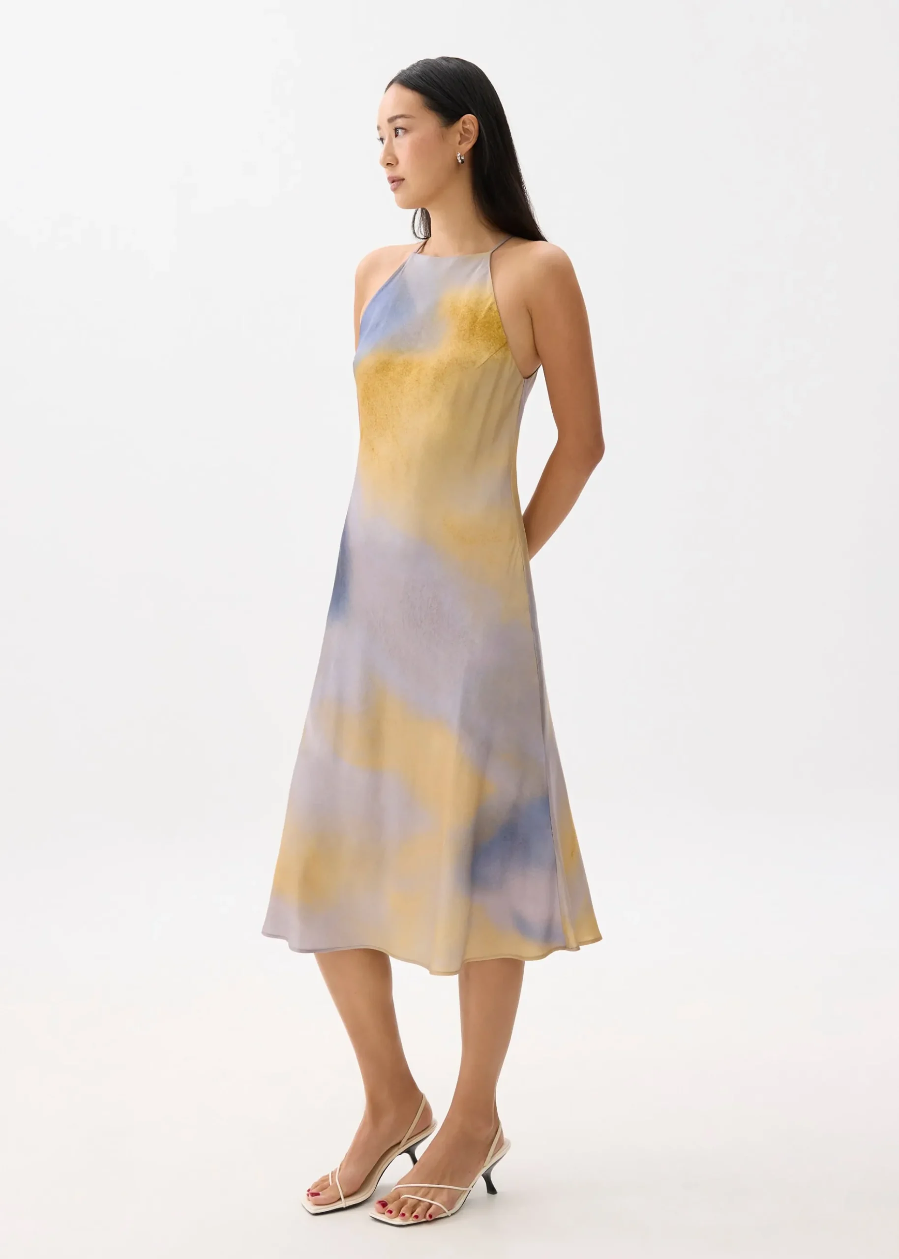 Abstract Satin Bias Cut Midi Dress