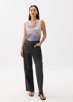 Abstract Satin Cowl Neck Shell Top