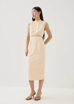 Agnes Shoulder Padded Tweed Mandarin Collar Midi Dress