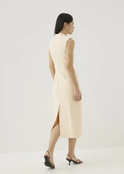 Agnes Shoulder Padded Tweed Mandarin Collar Midi Dress