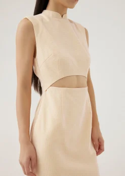 Agnes Shoulder Padded Tweed Mandarin Collar Midi Dress