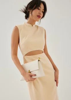Agnes Shoulder Padded Tweed Mandarin Collar Midi Dress