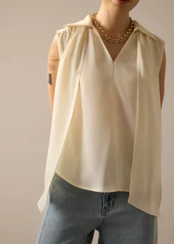Ariska Detachable Sash Crepe Satin Collared Blouse
