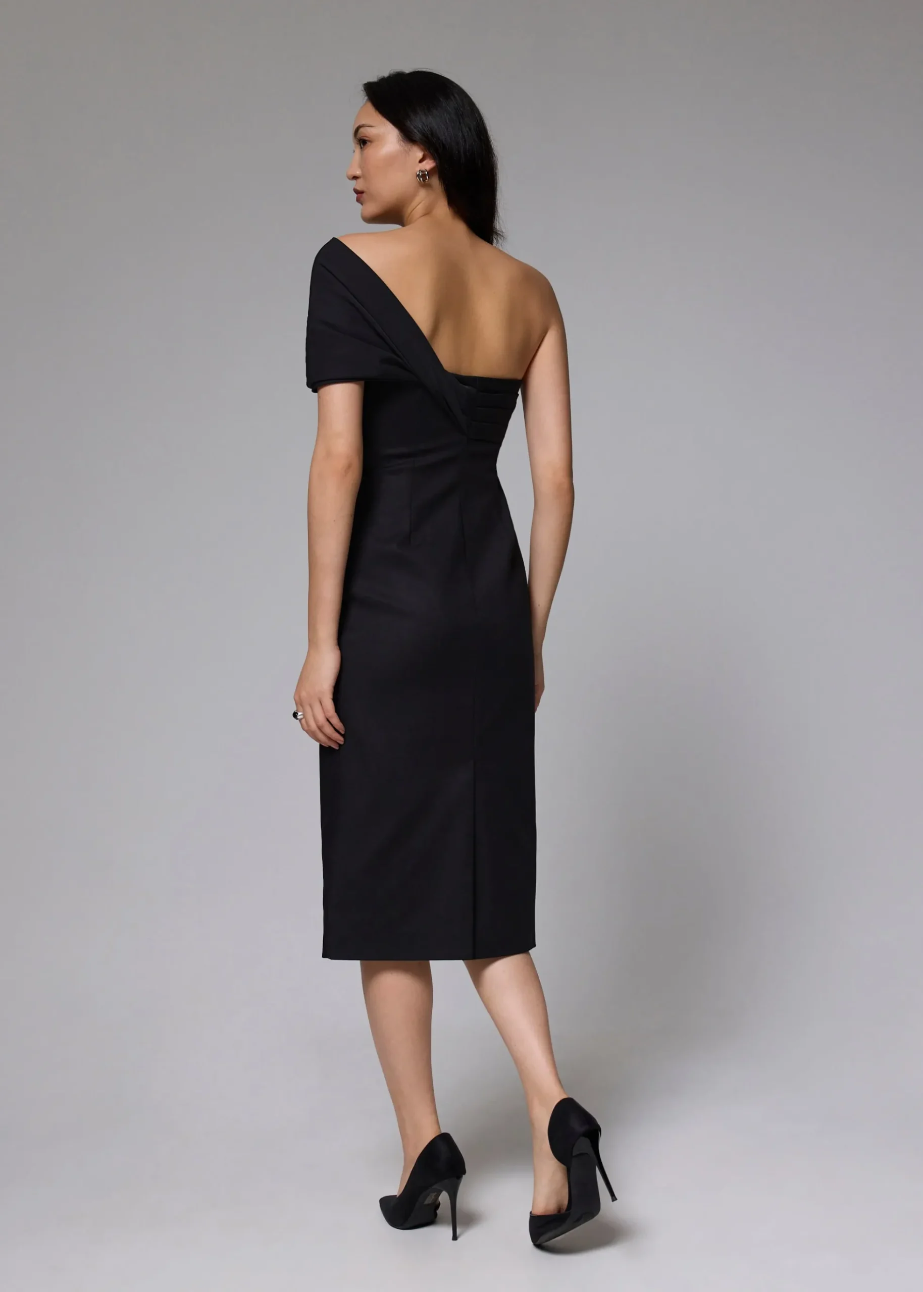 Asymmetric Front Twist Column Midi Dress