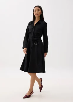 Belted Collared Long Sleeve Midi Dress