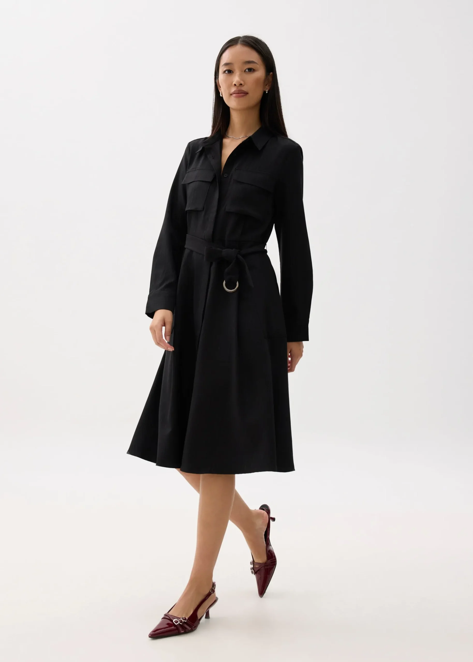 Belted Collared Long Sleeve Midi Dress