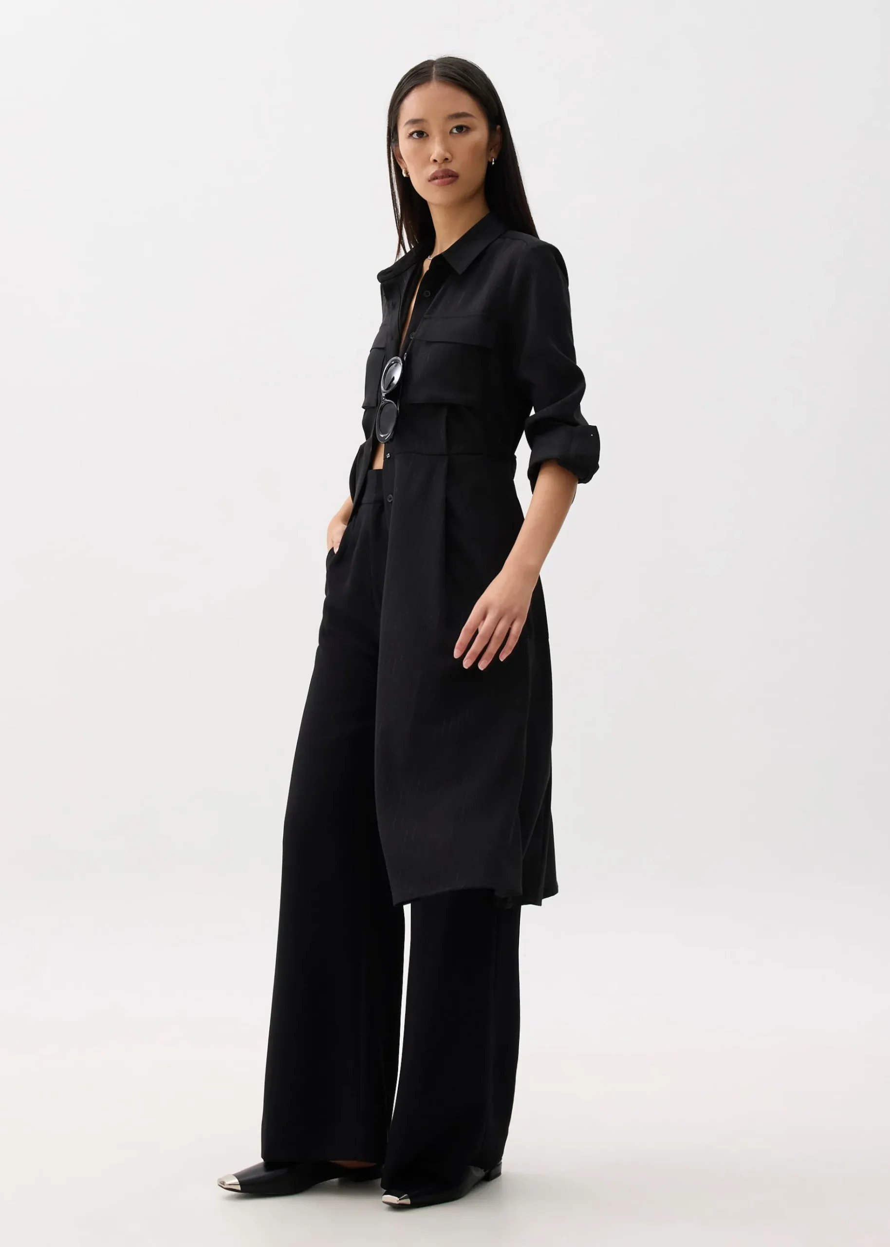 Belted Collared Long Sleeve Midi Dress