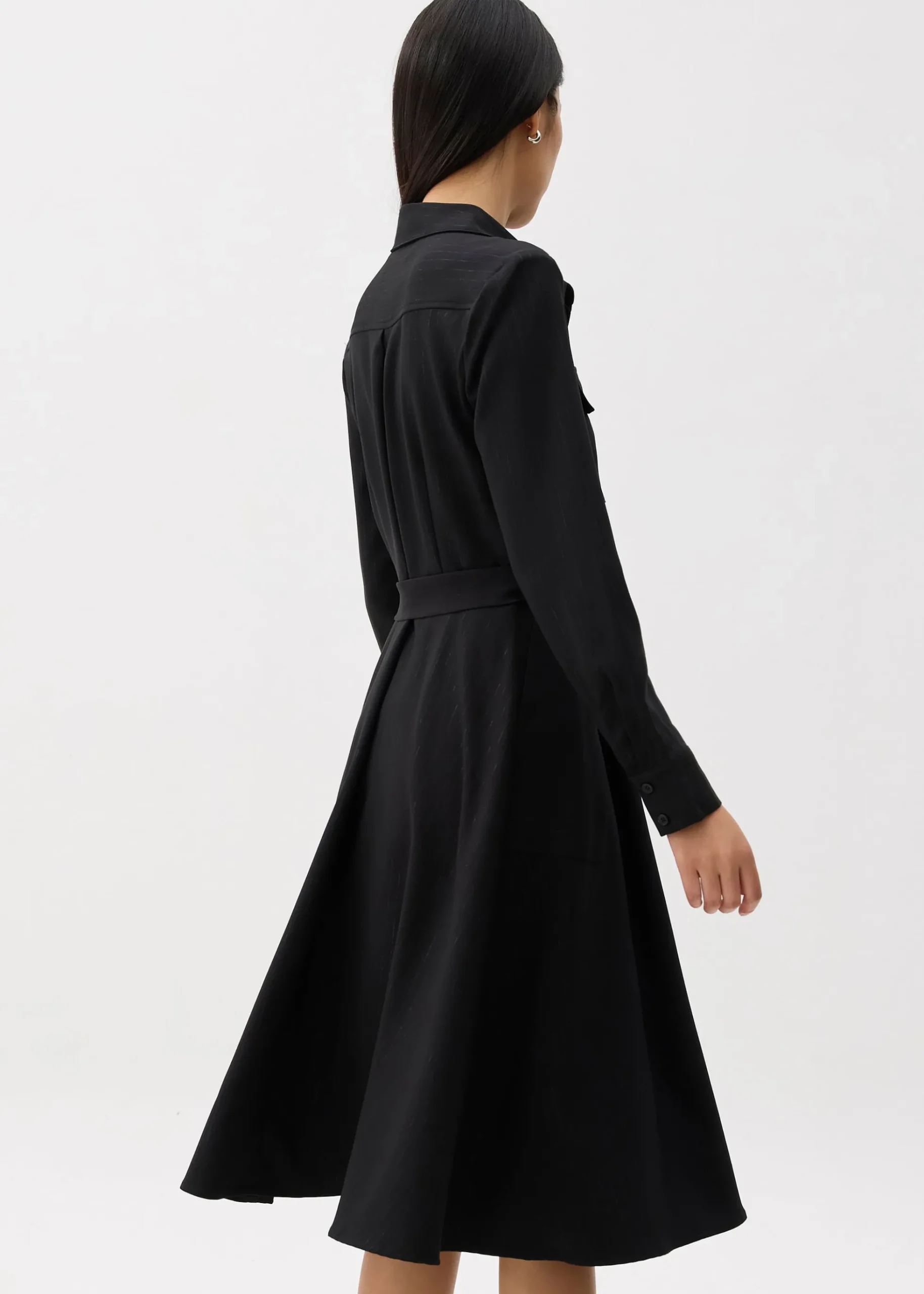 Belted Collared Long Sleeve Midi Dress
