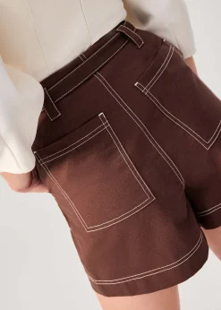 Belted Contrast Stitch High Waist Shorts