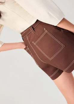 Belted Contrast Stitch High Waist Shorts