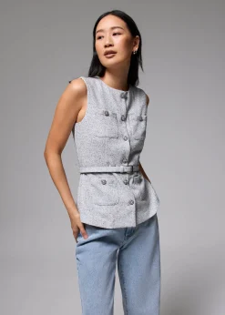 Belted Tweed Button Down Top