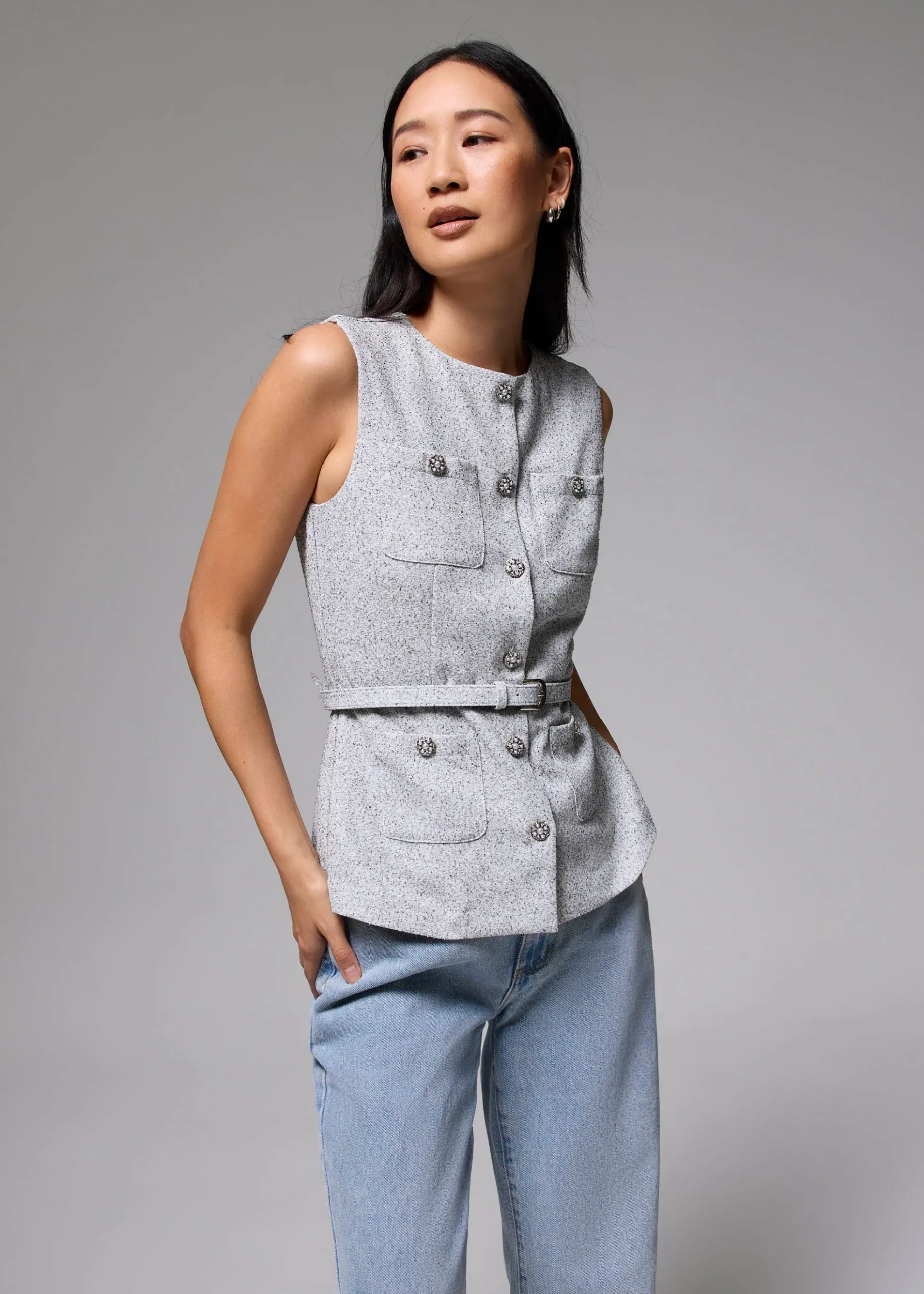 Belted Tweed Button Down Top