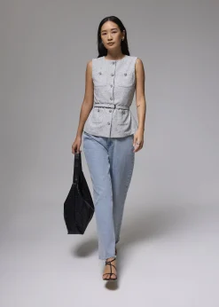 Belted Tweed Button Down Top