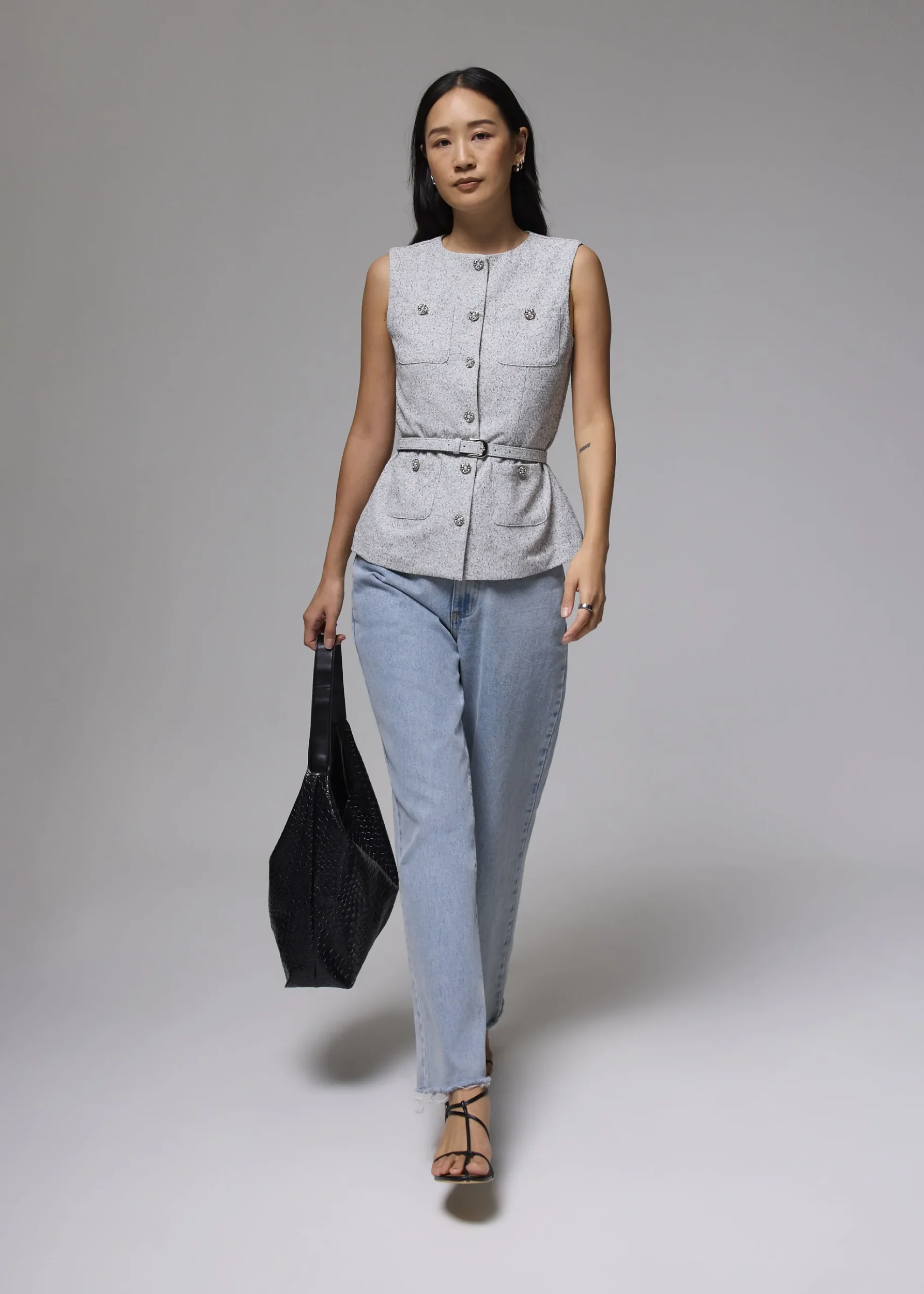 Belted Tweed Button Down Top