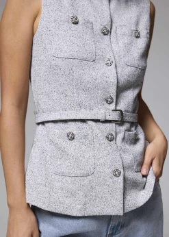 Belted Tweed Button Down Top