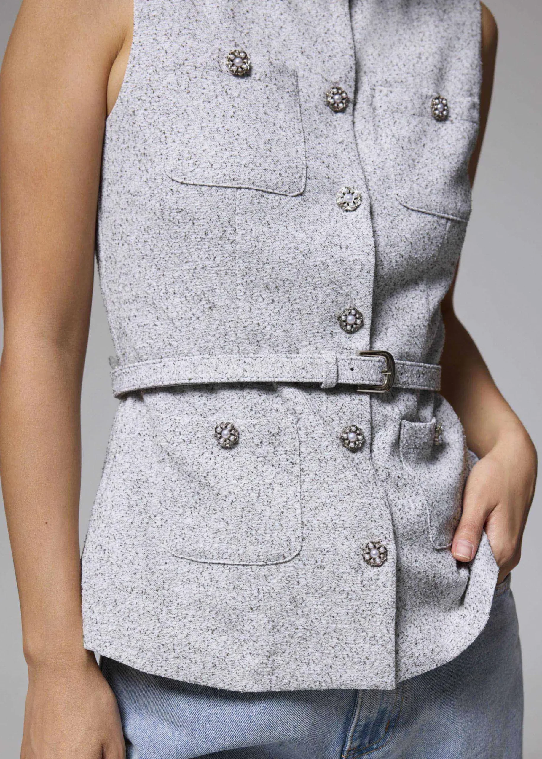Belted Tweed Button Down Top