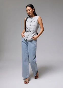 Belted Tweed Button Down Top