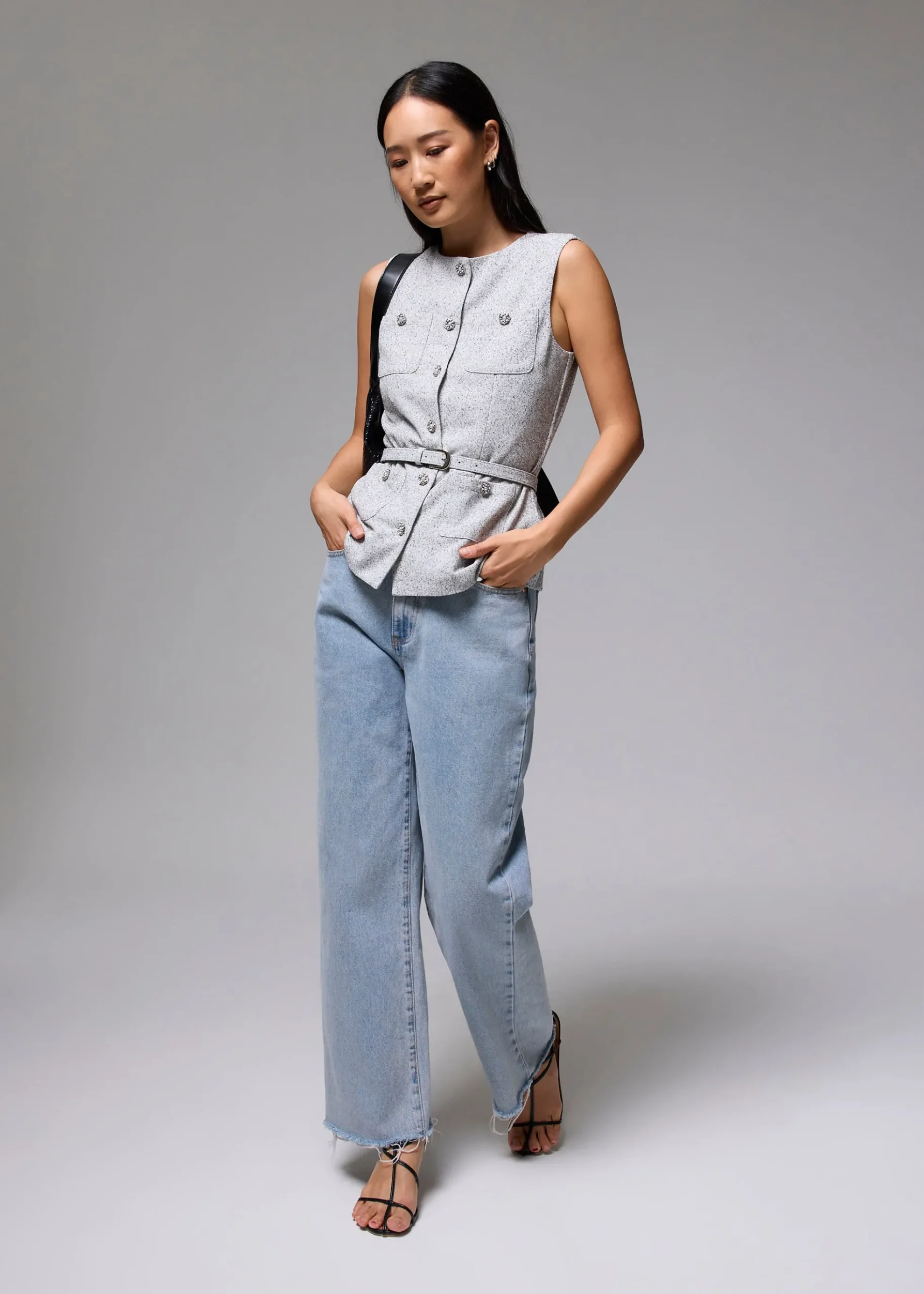 Belted Tweed Button Down Top