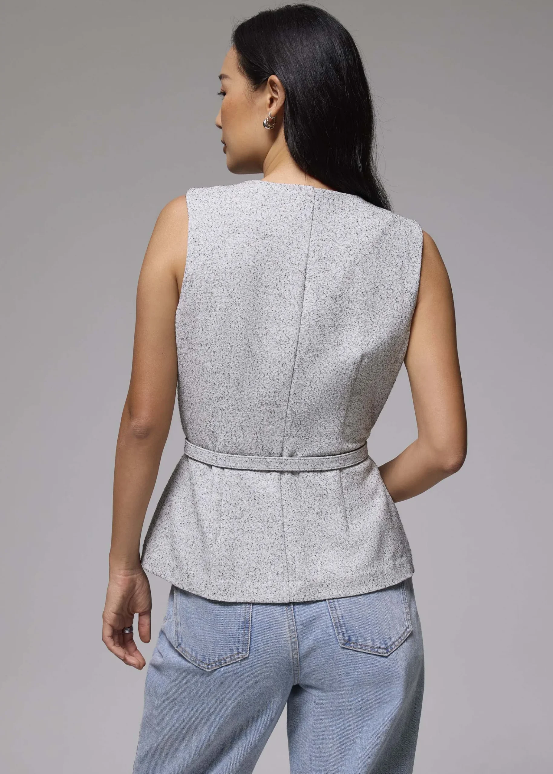 Belted Tweed Button Down Top