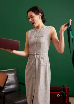 Belted Tweed Column Midi Dress