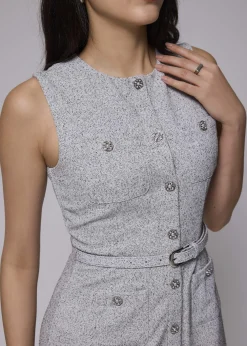 Belted Tweed Column Midi Dress