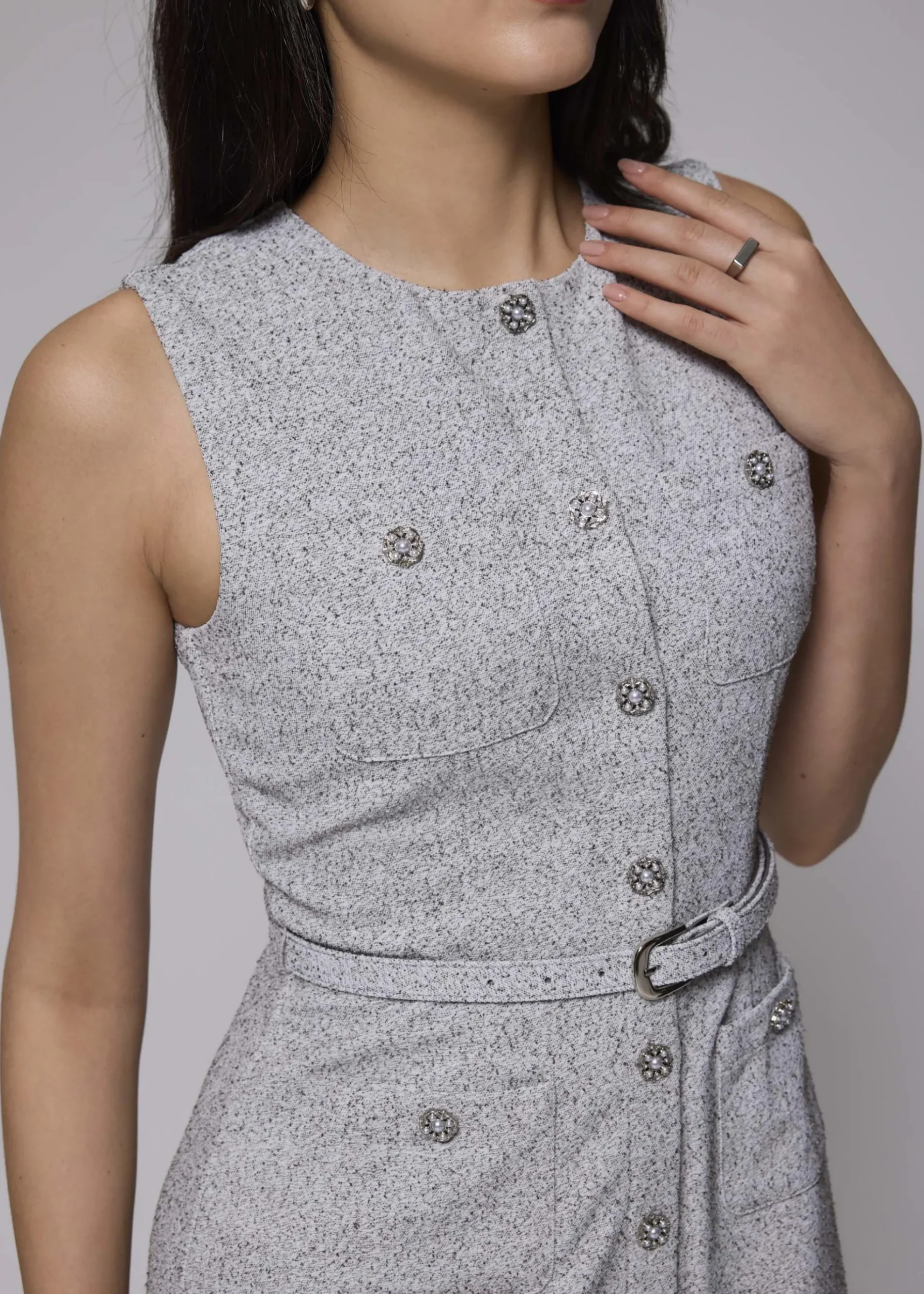 Belted Tweed Column Midi Dress