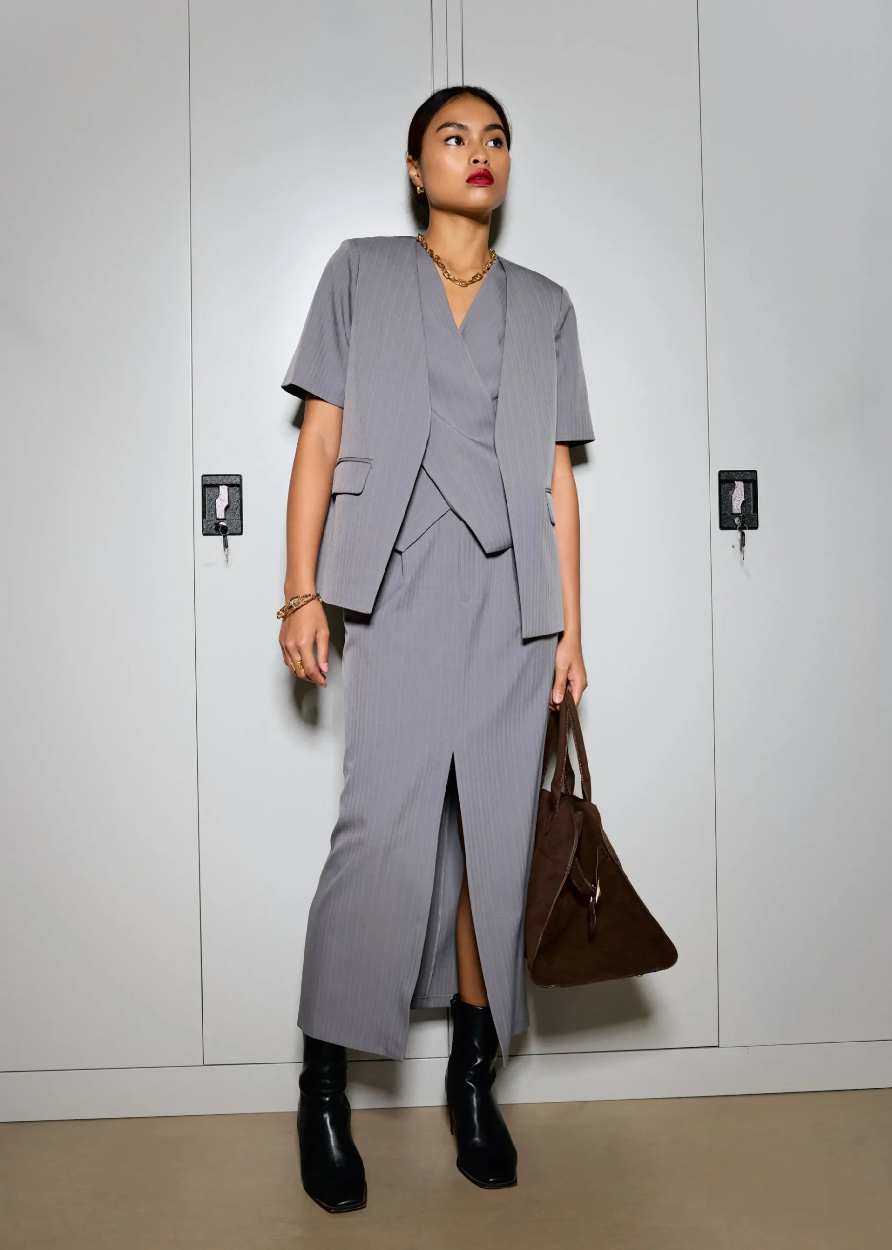Blake Tailored Pinstripe Front Slit Column Maxi Skirt