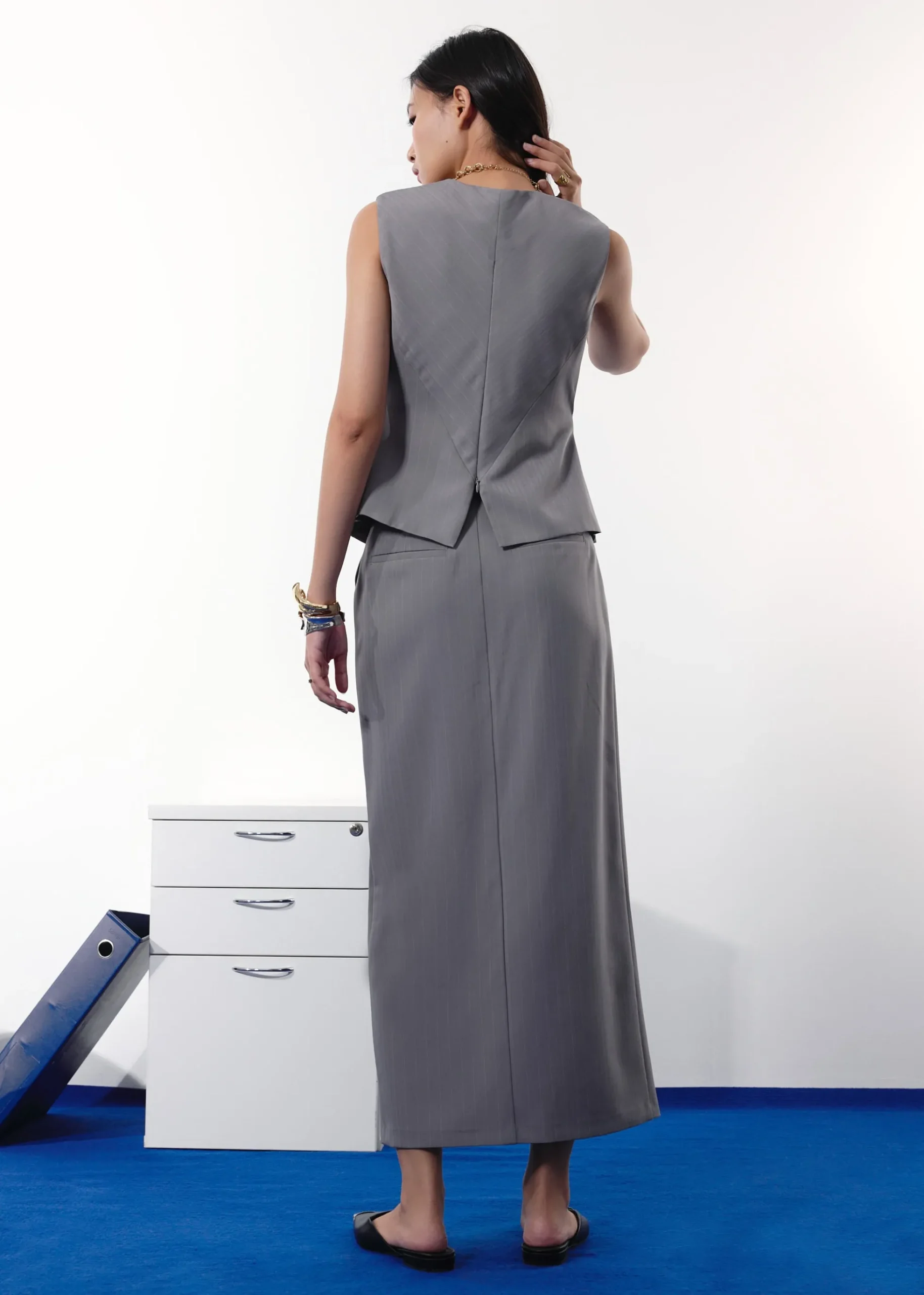 Blake Tailored Pinstripe Front Slit Column Maxi Skirt