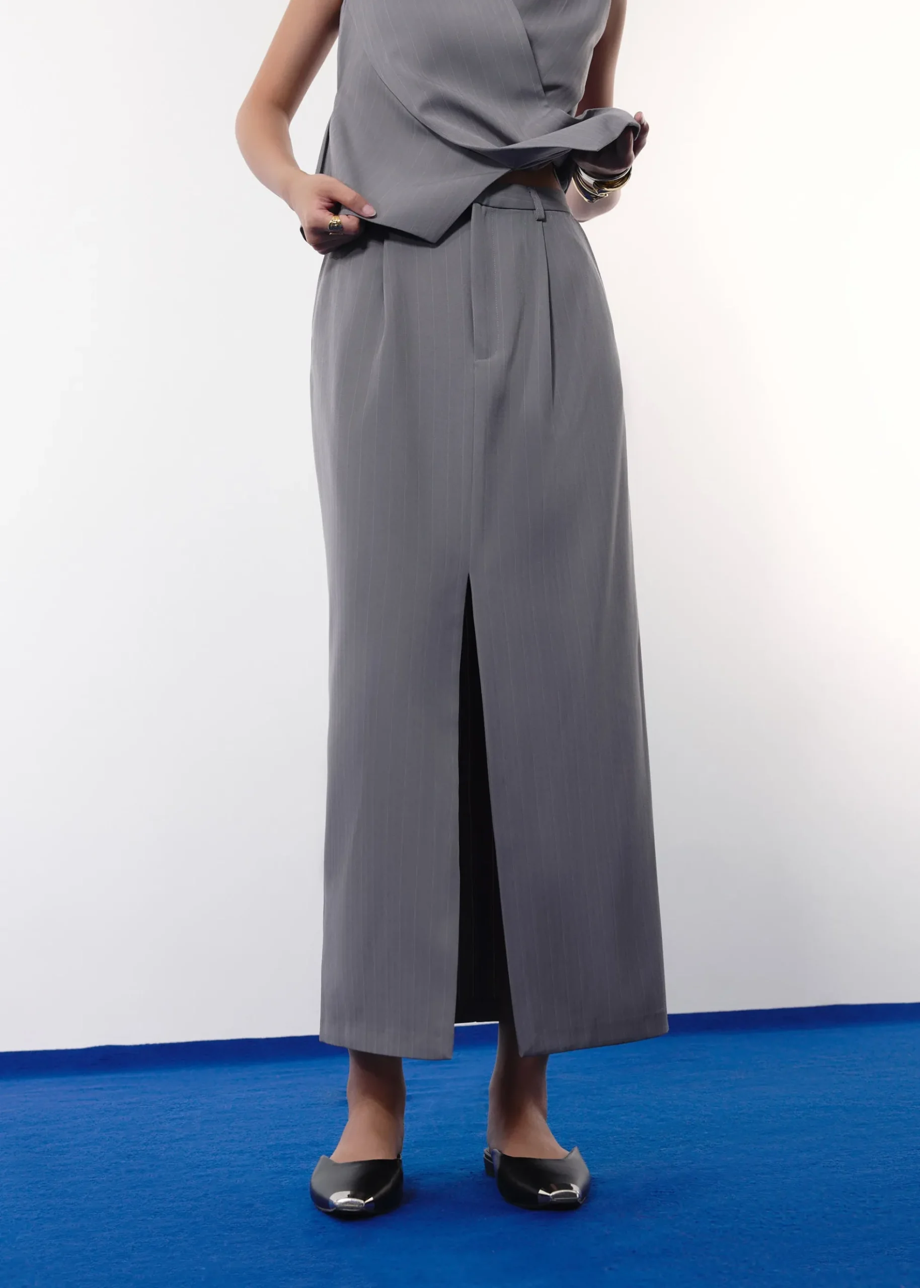Blake Tailored Pinstripe Front Slit Column Maxi Skirt