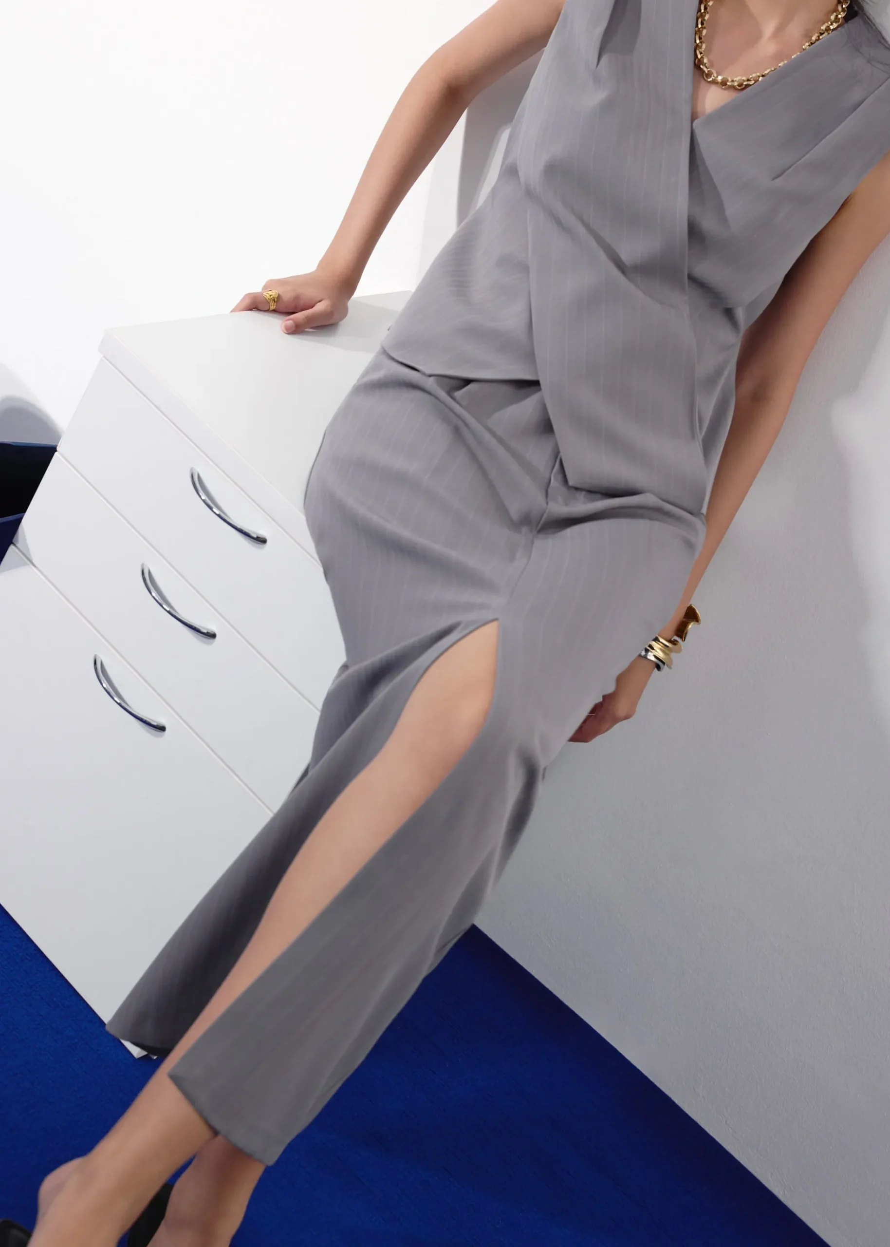 Blake Tailored Pinstripe Front Slit Column Maxi Skirt