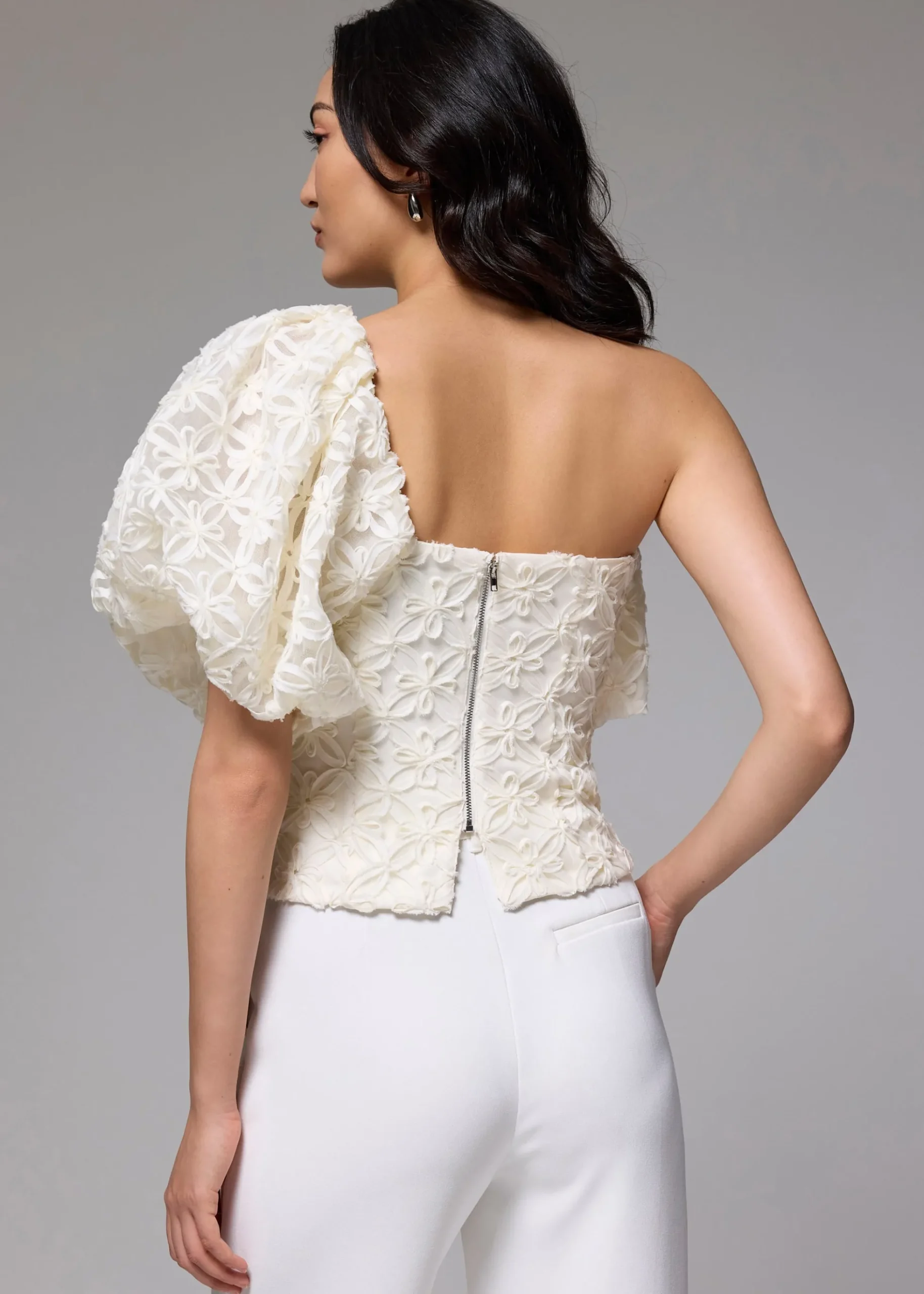 BraFree by LB Lace Asymmetric Puff Sleeve Top
