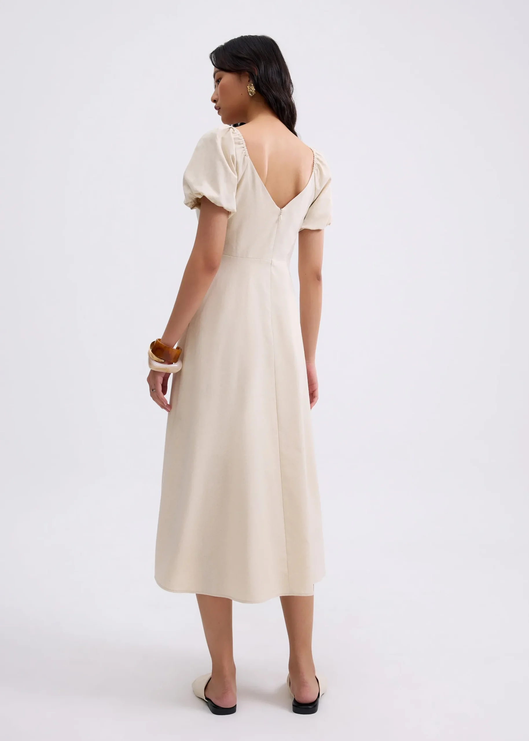 BraFree by LB Linen Sweetheart Puff Sleeve Midaxi Dress