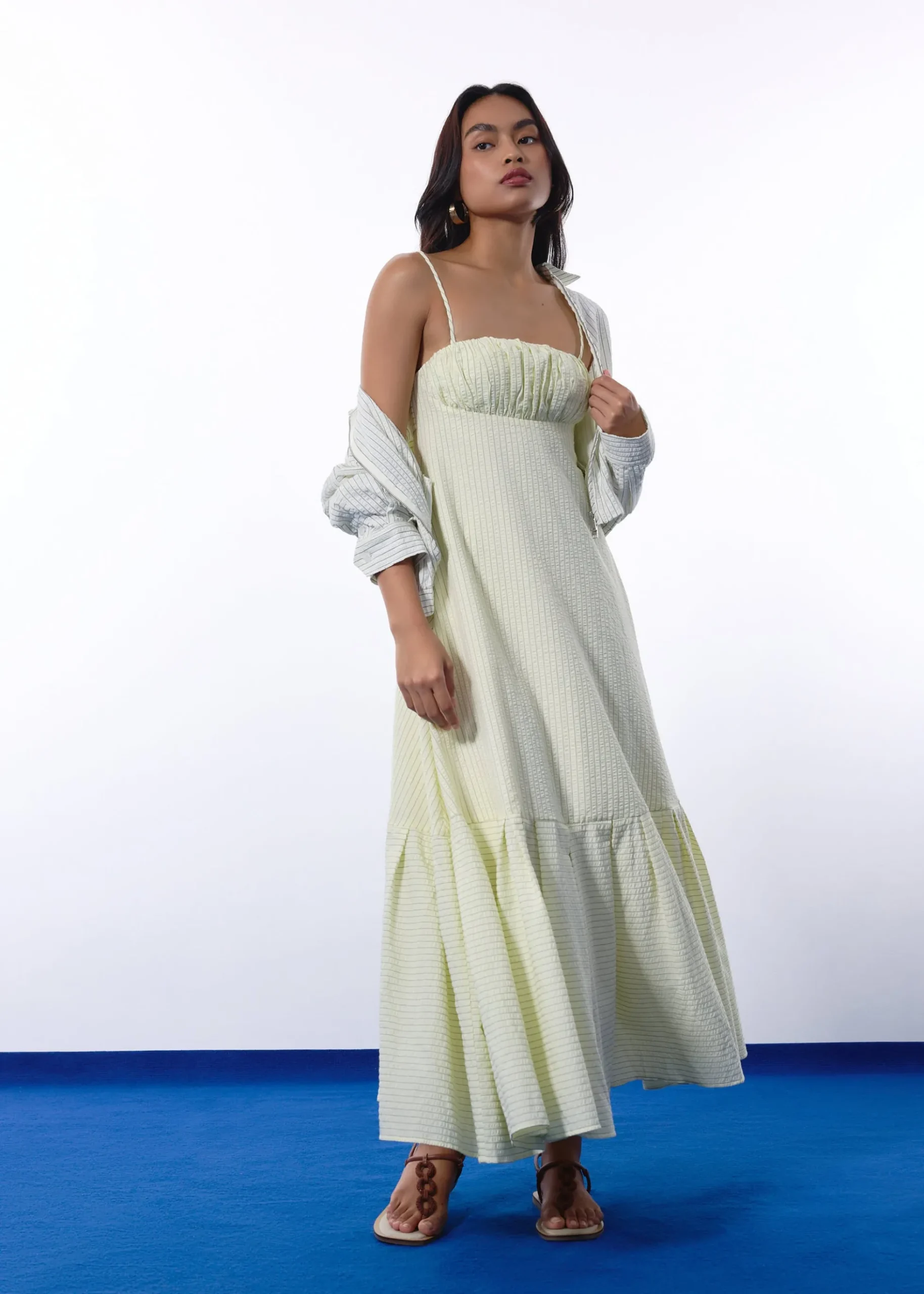 BraFree by LB Pinstripe Seersucker Multi-way Fit & Flare Maxi Dress