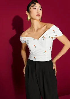 BraFree by LB Ruched Cotton Floral Embroidery Off-Shoulder Fitted Top