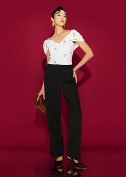 BraFree by LB Ruched Cotton Floral Embroidery Off-Shoulder Fitted Top