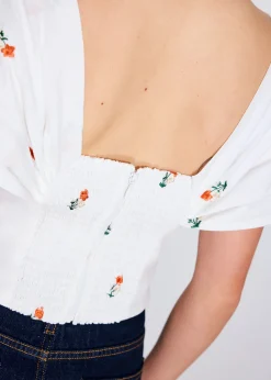 BraFree by LB Ruched Cotton Floral Embroidery Off-Shoulder Fitted Top