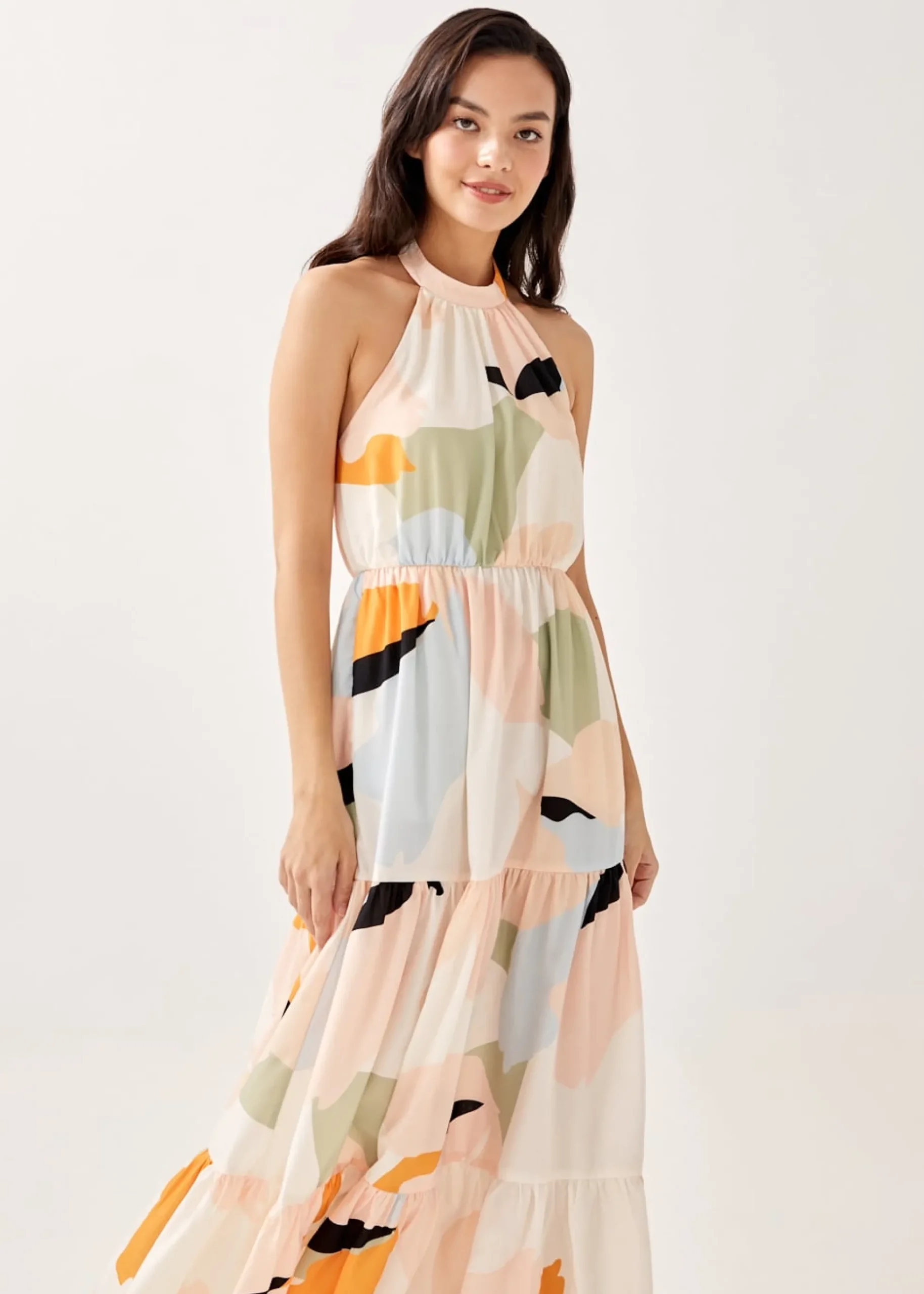 Britta Halter Neck Tiered Maxi Dress in Alluring Bloom