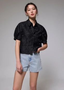 Brocade Collared Puff Sleeve Top