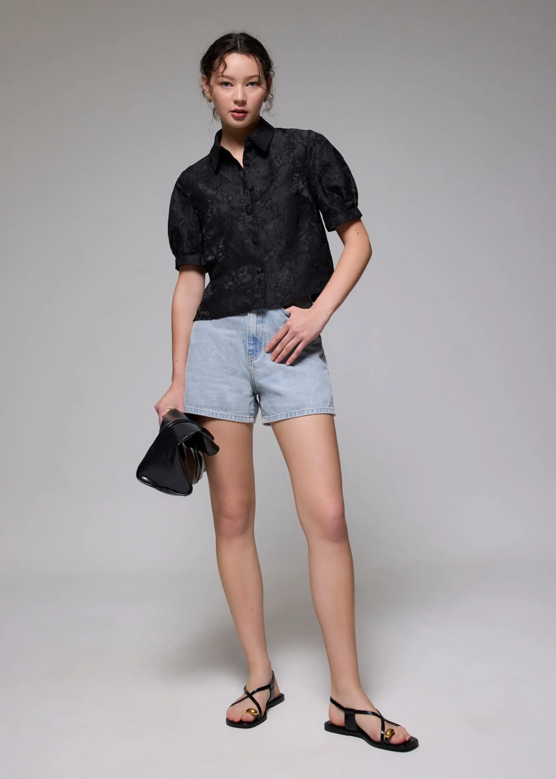 Brocade Collared Puff Sleeve Top
