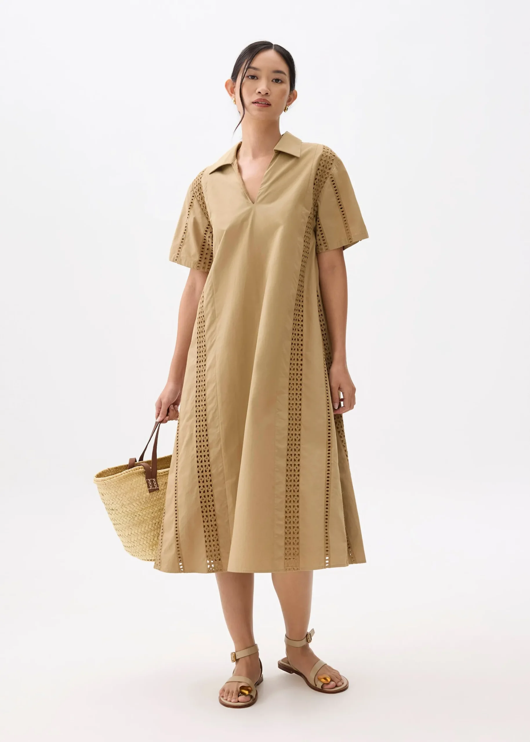 Broderie Collared Trapeze Midi Dress