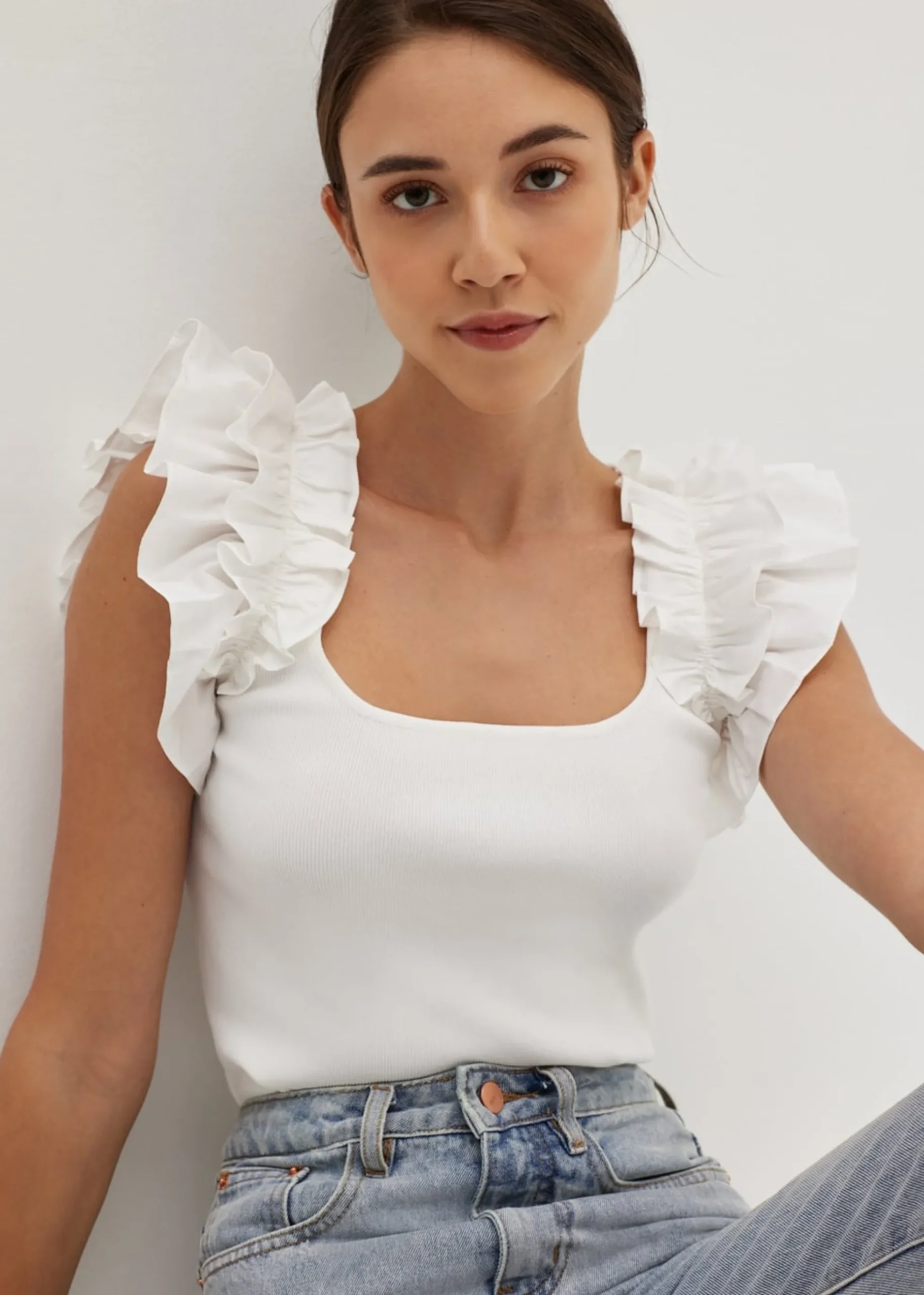 Calia Woven Knit Frill Sleeve Top