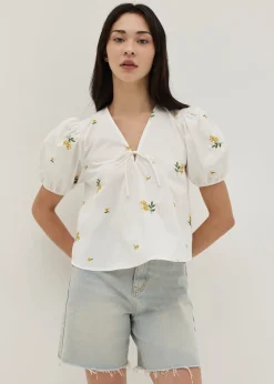 Calliope Embroidered Puff Sleeve Cotton Blouse