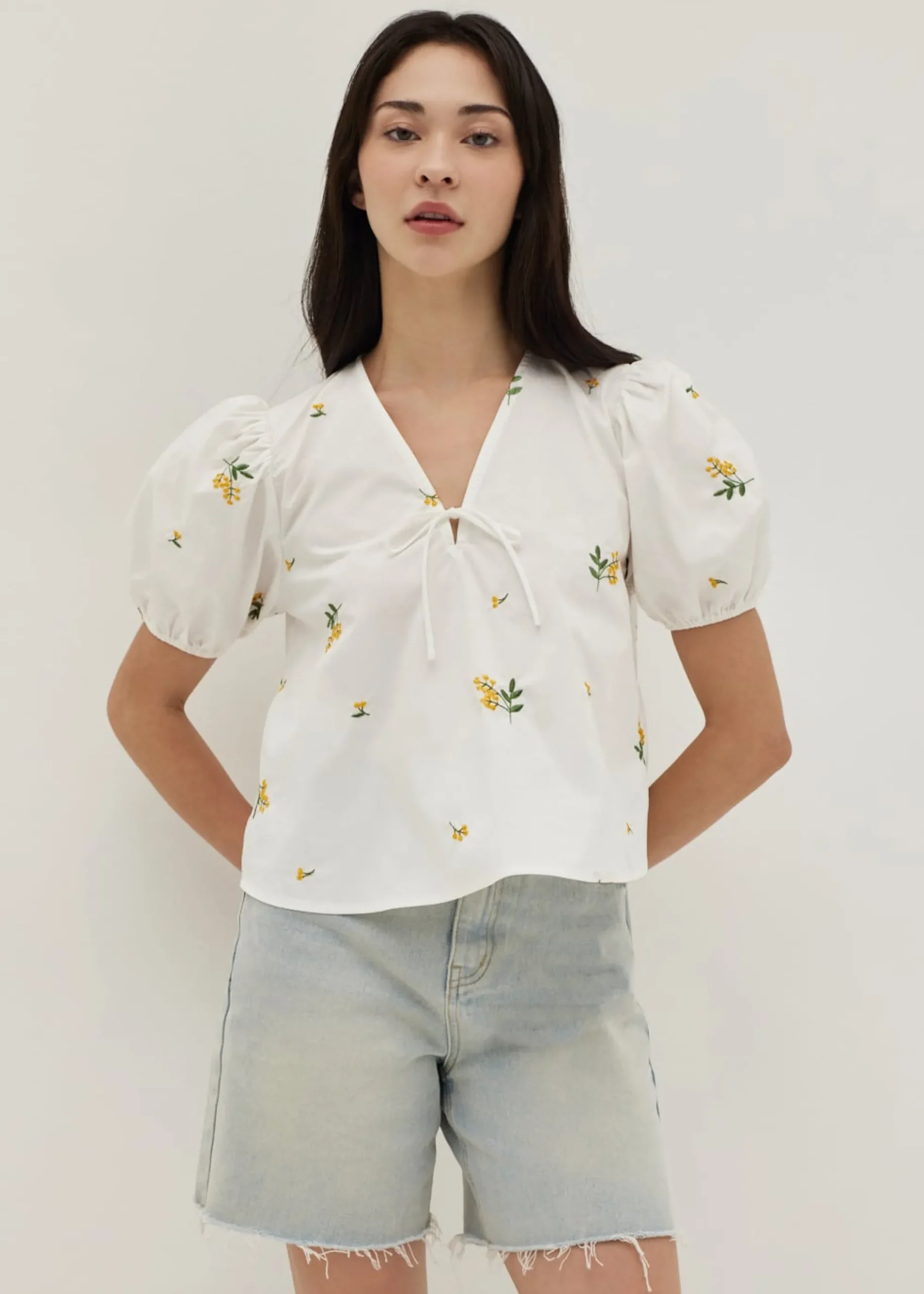 Calliope Embroidered Puff Sleeve Cotton Blouse