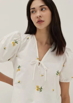 Calliope Embroidered Puff Sleeve Cotton Blouse