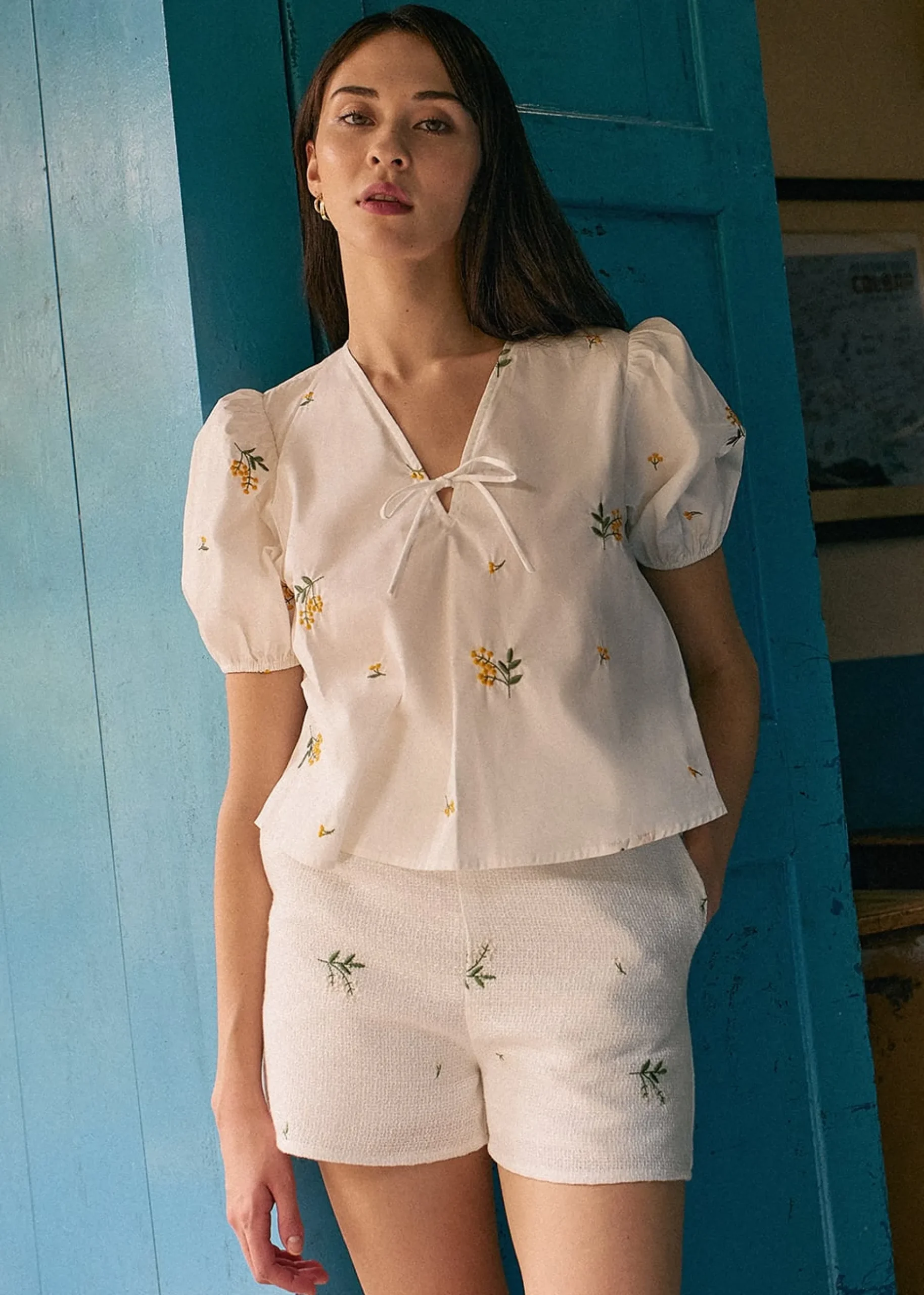 Calliope Embroidered Puff Sleeve Cotton Blouse