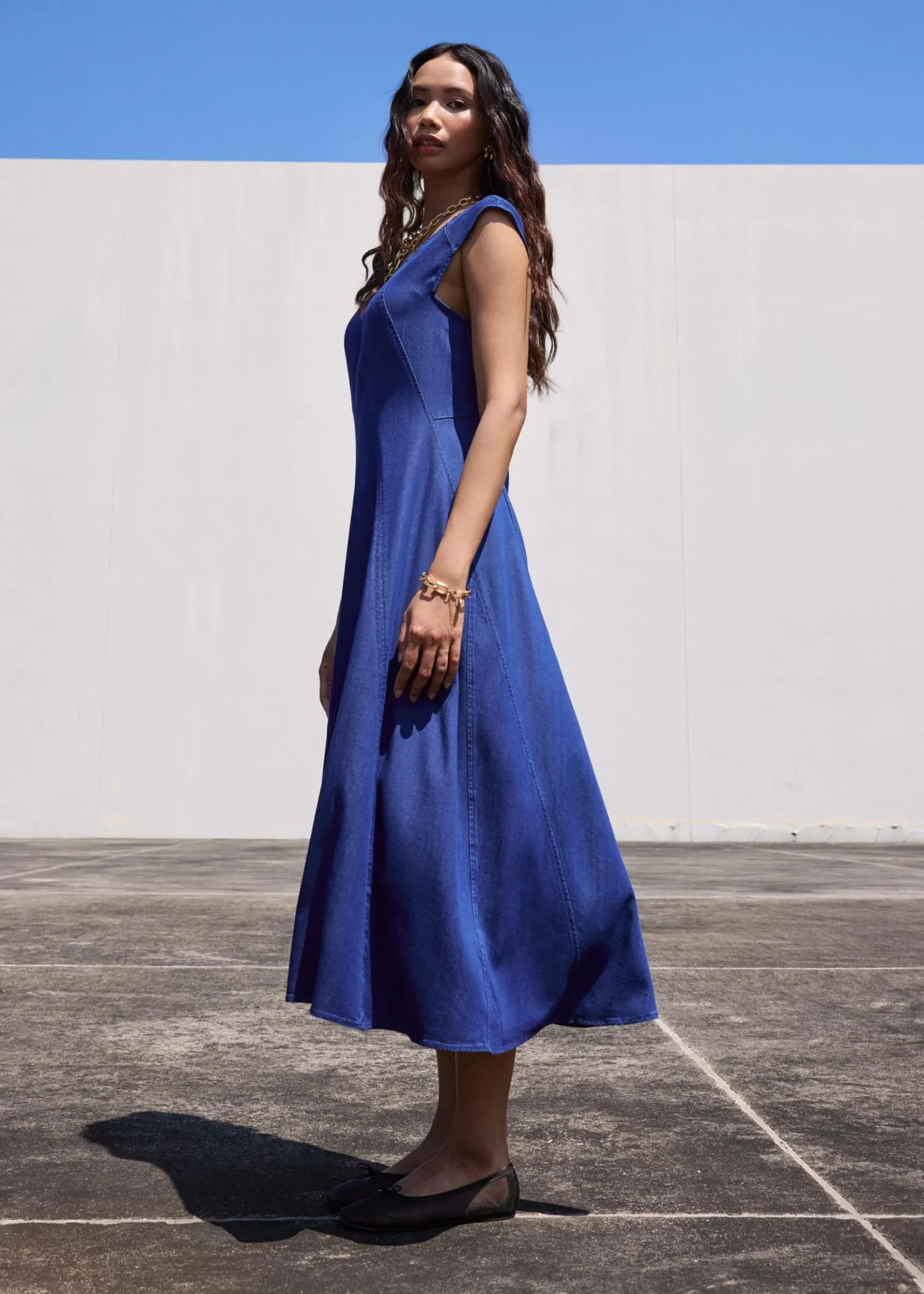 Chambray Panelled Cap Sleeve Fit & Flare Midi Dress
