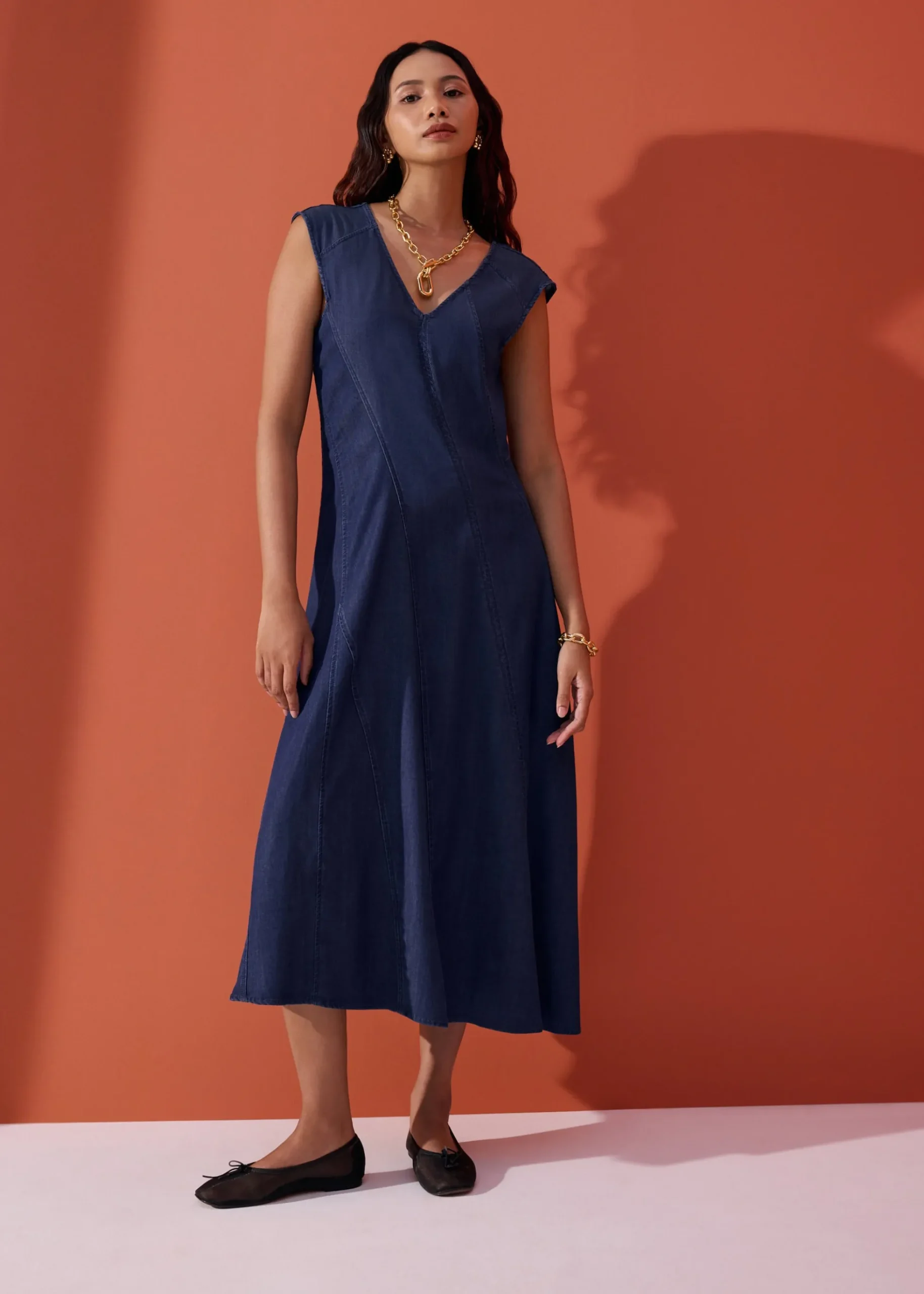 Chambray Panelled Cap Sleeve Fit & Flare Midi Dress