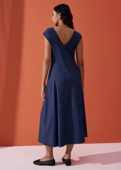 Chambray Panelled Cap Sleeve Fit & Flare Midi Dress