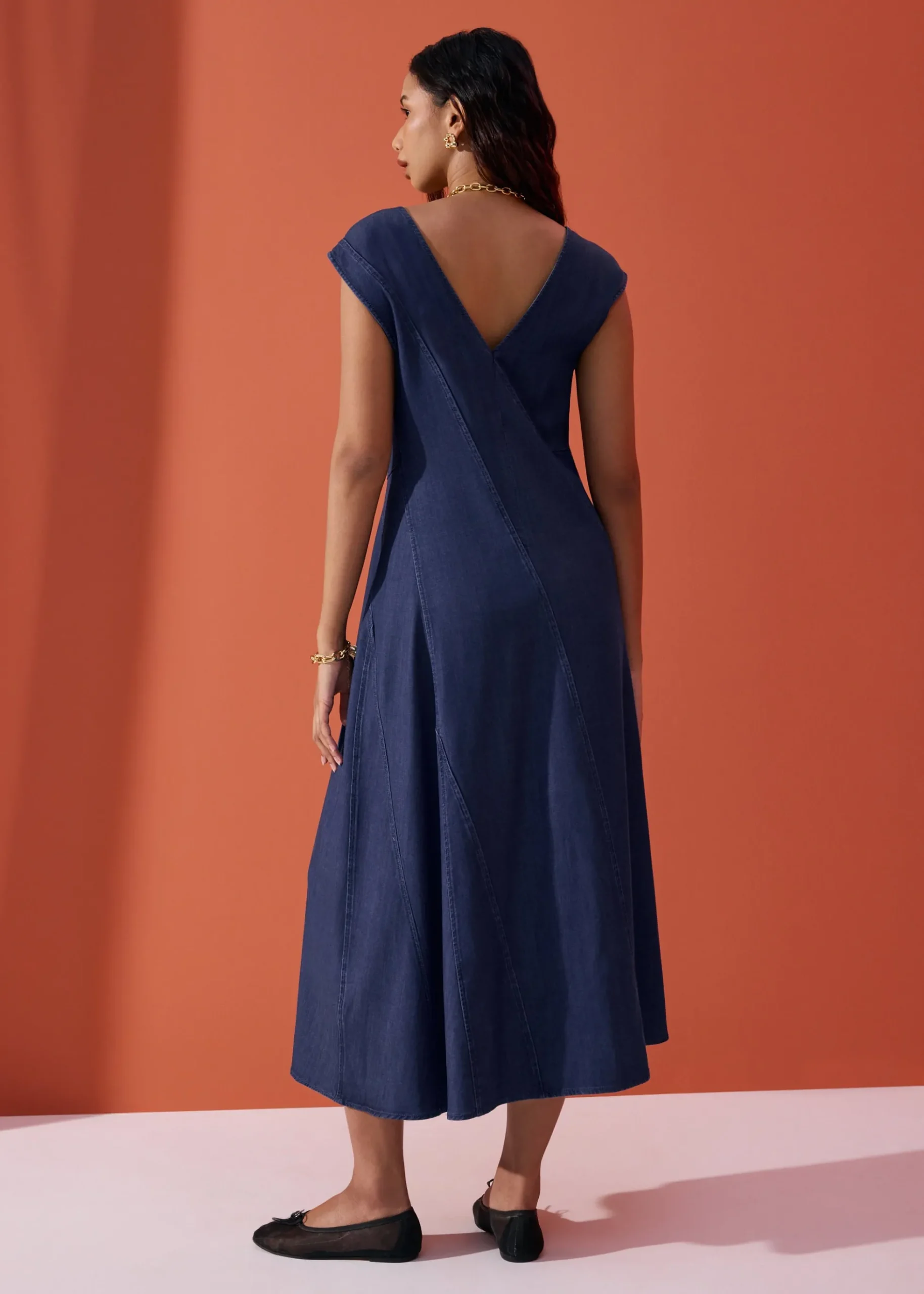 Chambray Panelled Cap Sleeve Fit & Flare Midi Dress