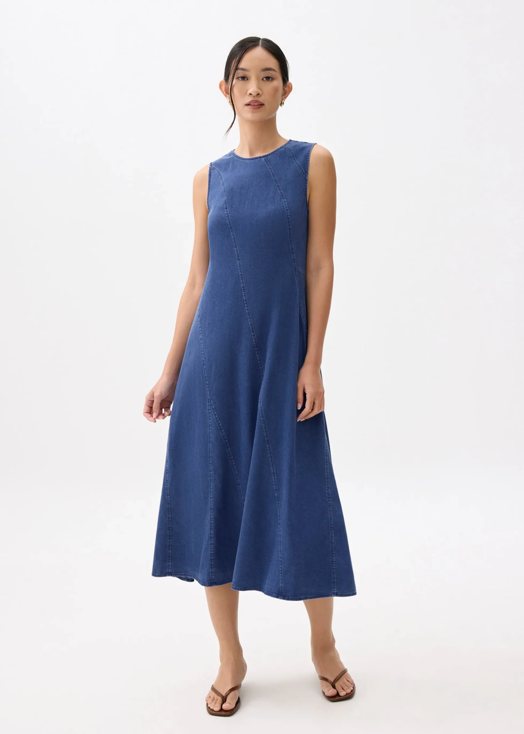 Chambray Round Neck Trapeze Midaxi Dress